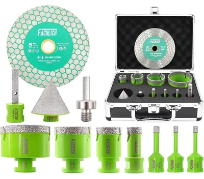 Image de Ensemble de trépans diamant 11 pièces, de 6 à 68 mm, pour carrelage, grès cérame, céramique, marbre, granit, avec disque de coupe de 125 mm