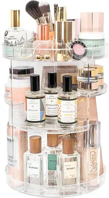 Image de Unyqoos® : Organisateur de maquillage transparent rotatif à 360°, avec 6 niveaux réglables, rotation silencieuse, idéal pour le rangement dans la salle de bain et la chambre