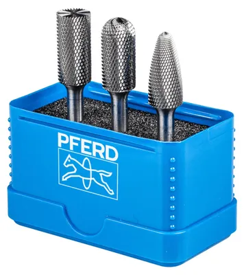 Produktbild von PFERD Hartmetall Hochleistungskleinfrässtift Set MICRO 3-tlg. Ø 12mm Schaft-Ø 6mm Feinbearbeitung, Wolframcarbid, Conical/Cylindrical, Eisenguss, Edelstahl, 1 Stück(e), HRC 68, 1,2 cm