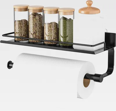 Produktbild von Küchenrollenhalter Wand, Küchenrollenhalter Ohne Bohren, Küchenpapierhalter mit Ablagefach für Küche, Badezimmer, Schwarz