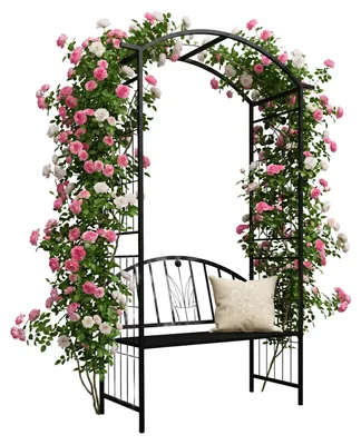 Produktbild von Relaxdays Rosenbogen, Metall, HBT: 210 x 134 x 48 cm, Torbogen mit Bank, stabiler Rankbogen für Kletterpflanzen, schwarz
