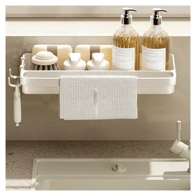 Produktbild von Spülbecken Organizer, Küchenregal ohne Bohren mit Abflussschale und 2 Haken, Selbstklebende Wandhalterung für Spüle, Waschbecken, Badezimmer und Küche (1)