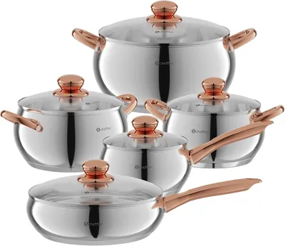 Produktbild von Topfset mit Deckel, 10-teilig, für alle Herdarten | Edelstahl-Kochtopfset, 16/18/20/24/24 cm