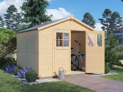 Produktbild von WOODTEX Naturbelassen 245 x 238 cm Gartenhaus Osterfeld 4, 19 mm Wandstärke Fichtenholz Gerätehaus, Satteldach Mit Doppeltür, Stauraum Für Fahrräder Und Gartengeräte, Inklusive Fußboden