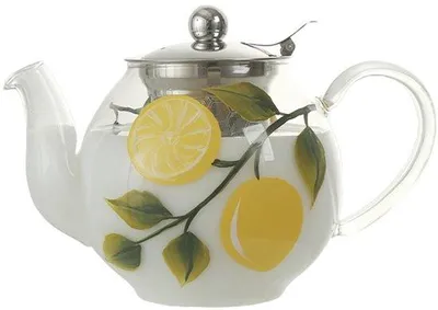 Productafbeelding van Unyqoos® Theepot van borosilicaatglas, 1000 ml – met de hand beschilderd, citroenmotief, met roestvrijstalen zeef, geschikt voor gebruik op het fornuis, vaatwasmachinebestendig