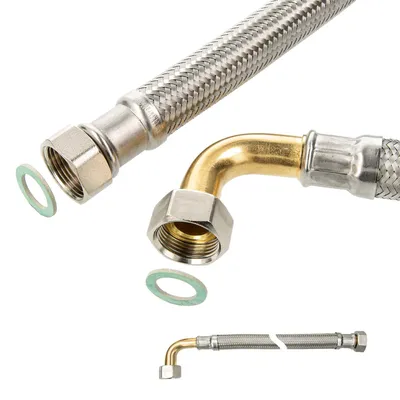Produktbild von tecuro Flexschlauch Panzerschlauch DN 19 - 3/4 ÜWM-Bogen 90° x 3/4 ÜWM x 300 mm, DVGW, KTW-A