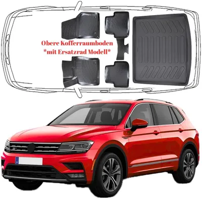 Produktbild von 3D Auto Fußmatten & Obere Kofferraumwanne Set Kompatibel mit VW Tiguan II 2016-2023 *Mit Ersatzrad Model