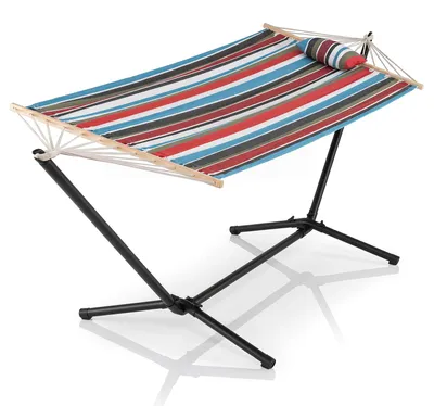 Produktbild von COSTWAY Hängematte mit Gestell, Stabhängematte inkl. Holzspreizstäbe, abnehmbares Kissen & Tragetasche, Hängesessel Outdoor bis 200kg belastbar