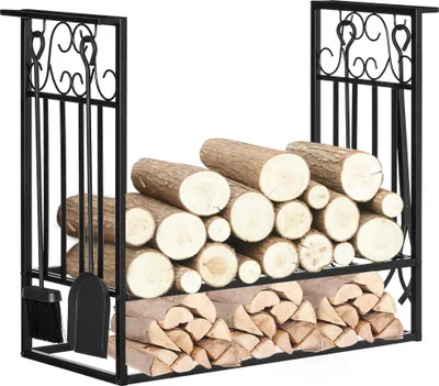 Produktbild von Kaminholzständer mit Kaminbesteck, Brennholzregal, Feuerholzablage, Kaminwerkzeug, Stahl Schwarz 75 x 30 x 60 cm