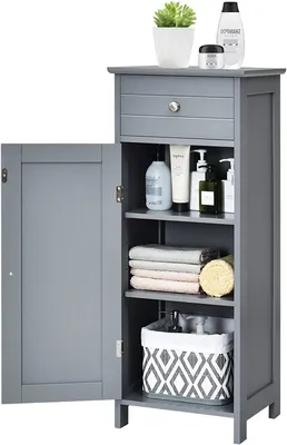 Zdjęcie produktu dla Wąska szafka łazienkowa z drzwiami, szufladą, 3 regulowanymi półkami, wodoodporna, do salonu, przedpokoju, sypialni, drewniana, 35,5 x 30,5 x 88 cm (szara)