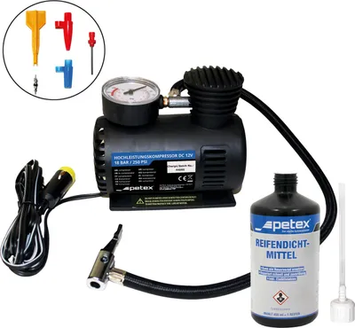 Produktbild von Reifenpannenset mit Luftkompressor 12V, Adapterset, Reifendichtmittel von PETEX