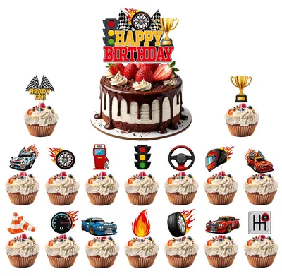 17-teilige Rennwagen-Tortendekoration mit Cupcake-Toppern