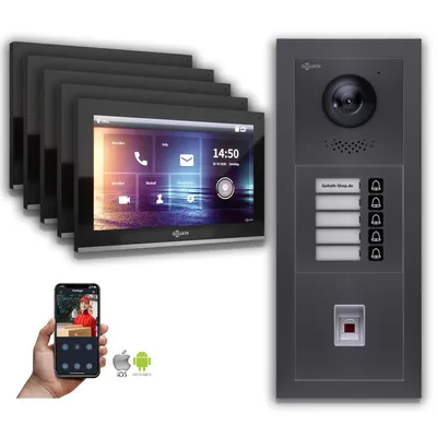 Produktbild von Goliath IP Video Türsprechanlage: 10-Zoll 5 Familienhaus, Fingerprint, Anthrazit  : 10 Zoll Schwarz : Unterputzdose Monitor Farbe: 10 Zoll Schwarz Montage: Unterputzdose