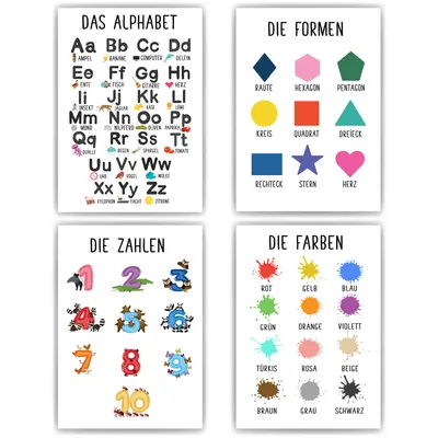 Produktbild von Kinderposter 4er Lernposter Alphabet, Formen, Zahlen & Farben Kinderzimmer Wandbilder Kinder Lernhilfe Poster – DIN A4 (21x29.7cm)
