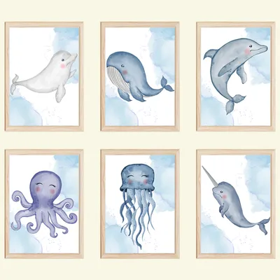 Produktbild von Meerestiere 6er Set Bilder Delfin Wal Krake Qualle Kinderzimmer Deko DIN A4 Poster Babyzimmer Wandbilder
