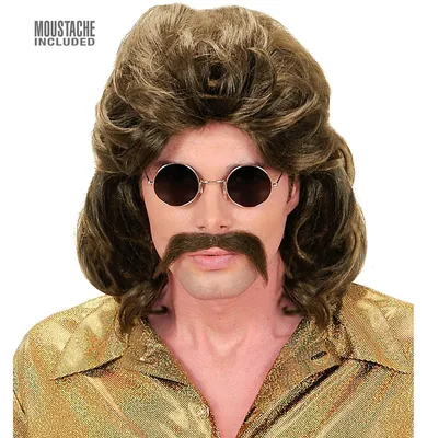 Image de perruque des années 70 avec barbe en brun - Perruque pour hommes 70ties