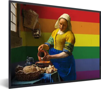 Produktbild von MuchoWow® Gerahmtes Poster Vermeer - Milchmädchen - Regenbogen 80x60 cm - Poster mit Schwarzem Bilderrahmen Wandposter Rahmen Foto Bilder - Schwarzem - Mit Gestell