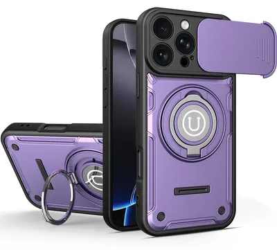 Produktbild von Magnetische Handyhülle für iPhone 16 Pro Max mit Kameraschutz Schieber, Ringhalter und Ständer, Stoßfeste Hülle Lila