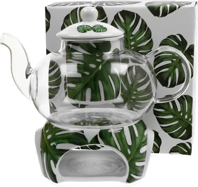 Produktbild von DUO FLORAL 30464 Teekanne 1000 ml mit Teesieb MONSTERA mit Teesieb, Glas - New Bone China Porzellan