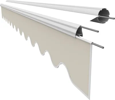 A close-up, studio shot of a beige awning fabric with a scalloped edge, attached to a silver metal frame. The awning is shown partially extended.