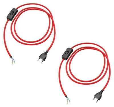 Image de ledscom.de : 2 prises européennes de type C avec câble textile, interrupteur, 2 mètres, rouge, 2 x 0,75 mm²