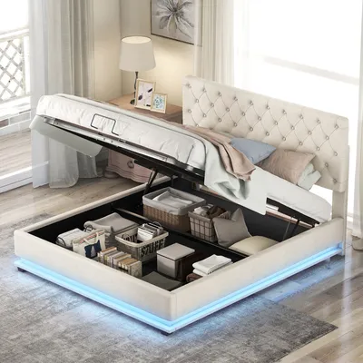 Produktbild von Flieks Polsterbett 140x200cm mit Lattenrost, Hydraulisches Boxspringbett mit Led, Stauraumbett Doppelbett Funktionsbett Samt, Beige