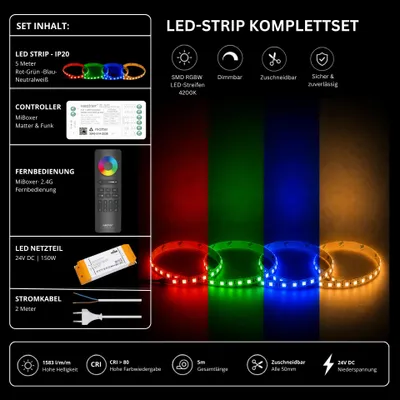 Produktbild von LED Streifen Set RGBW – SMD LED Streifen 24V, 4-in-1, 19,2 W/m, 5m, RGB + Neutralweiß 4200K – SS150 Netzteil, SM5 Matter Controller und C5 Fernbedienung Schwarz