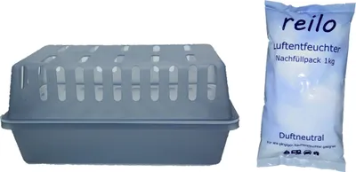 Produktbild von 2x XXL Raumentfeuchterbox (gt) mit 10x 1kg "reilo" Luftentfeuchter- Raumentfeuchter- Granulat Nachfüllpack im Vliesbeutel