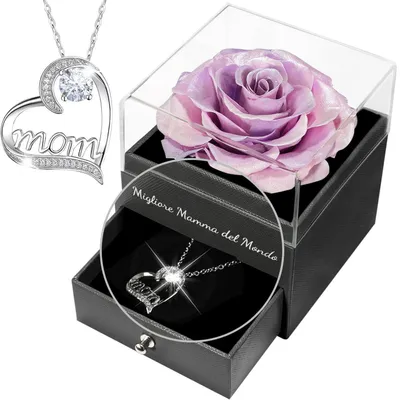 Produktbild von Konservierte Rose mit Halskette, Geschenk für Mama, Ewige Blume, Rosa Lila
