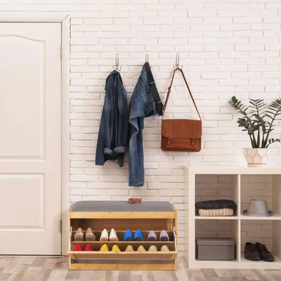 Image de Banc de rangement à chaussures en bambou avec assise rembourrée, peut contenir 8 paires