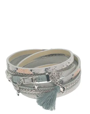 Produktbild von Wickelarmband aus Leder mit Magnetverschluss mit Strass-Anhänger Quaste Herz Stern 1,5x39cm Farbe - silbergrau