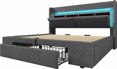 Zdjęcie produktu dla Łóżko tapicerowane – łóżko z pojemnikiem 180 x 200 cm – podnośnik hydrauliczny – zagłówek z pojemnikiem – oświetlenie LED – złącza USB i USB-C – ciemnoszare