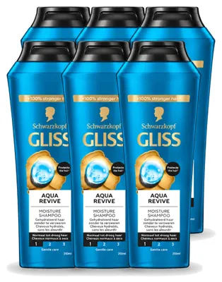Imagen del producto de 6 botellas de champú Gliss Aqua Revive, para cabello hidratado, 250 ml cada una. Paquete económico de 6 unidades