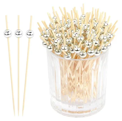 Productafbeelding van Cocktailprikkers van bamboe met zilveren kralen, 12 cm lang, 120 stuks, geschikt voor fingerfood en voorgerechten
