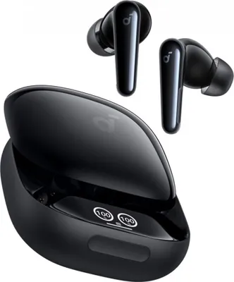 A pair of black wireless earbuds and their charging case are displayed against a white background.