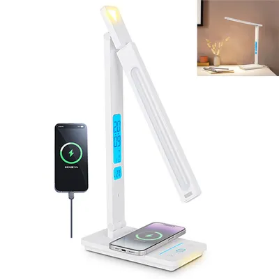 Produktbild von LED Schreibtischlampe mit 10W Wireless Charging, faltbar, 5 Farbtemperaturen, Touch Dimmer, Uhr und Kalender