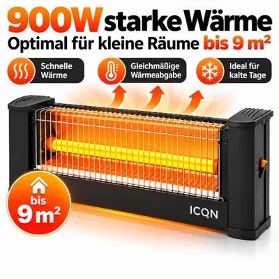 Immagine prodotto di ICQN Riscaldatore radiante a infrarossi, per ambienti fino a 9m², 900 W, IP20, riscaldatore elettrico, cavo di 135 centimetri, riscaldatore radiante per ufficio o casa, riscaldatore a infrarossi, IQ.0900.APW