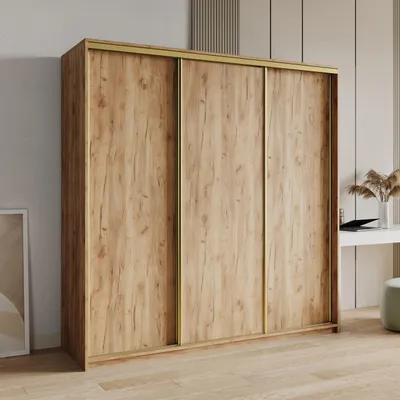 Produktbild von Masseno Schiebetürenschrank NISSE 180/205/60 cm Kleiderschrank mit 4 Schubladen Schlafzimmer Schrank 3-türig Craft Eiche Gold