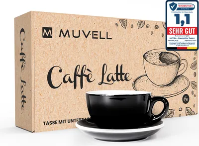 Produktbild von MUVELL 6x Milchkaffetassen á 290 ml | Schwarz | Italian Style | extra dickwandig mit 0,8 cm & schwere Ausführung | spülmaschinenfest | 12 teiliges Milchkaffeetassen Set - Geschenkset