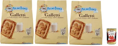 Produktbild von Mulino Bianco Galletti, Biscotti con latte 100% italiano, Kekse Mit frischer Milch 100% Italienisch, Palmölfreies, leckeres Frühstück, 3x 800 g + Italian Gourmet polpa 400g