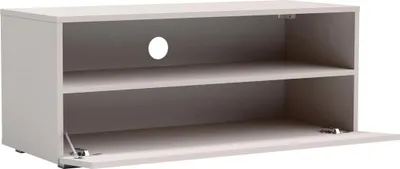 A lowboard TV stand with two open shelves and a cabinet with a door ajar.
