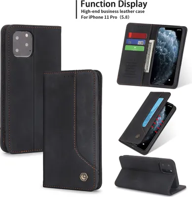 Produktbild von iPhone 11 Pro Hülle, LaimTop Retro Kunstledertasche Schutzhülle mit Kartenfach Standfunktion für iPhone 11 Pro Schwarz