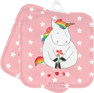 Produktbild von Mr. & Mrs. Panda Topflappen Einhorn Traurig - Rot Pastell - Geschenk, Kochlappen, topfhalter, Unicorn, Einhörner, Blume, Set, Trauer, Liebe, Freunde, Topfuntersetzer