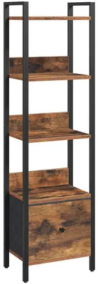 Produktbild von Bücherregal mit Schublade, 5 Ebenen, 33 x 24 x 131 cm, Metallrahmen, Rustikales Braun