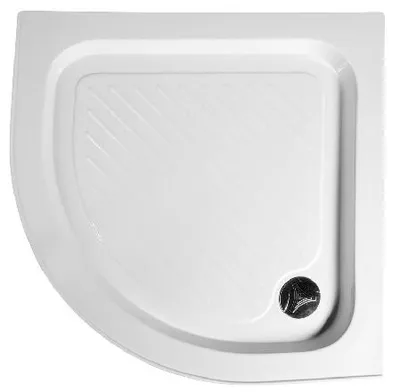 A top-down view of a white shower tray with a black drain cover.