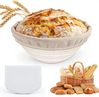 Productafbeelding van Ronde deegvorm - Broodmand - Brood bakken - Inclusief linnen en schraper - 23 cm - Grijs