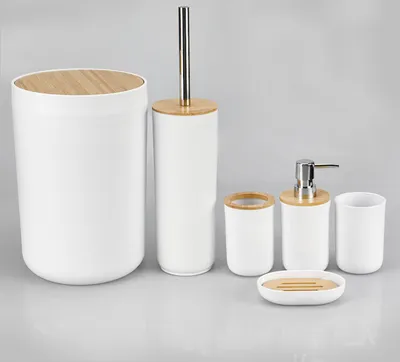 Produktbild von Seifenspender Zubehör Set aus Bambus, Badezimmer Accessoires Set mit Lotionspender, Mülleimer, Seifenschale, Toilettenbürste, Zahnbürstenhalter und Zahnputzbecher, 6-teiliges Badezimmer Set, Weiß