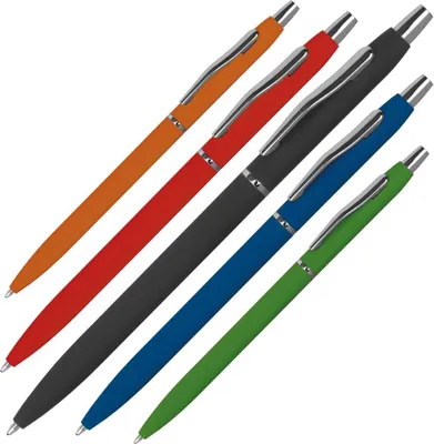 Produktbild von 5 Schlanke Metall-Kugelschreiber / gummiert / 5 Farben