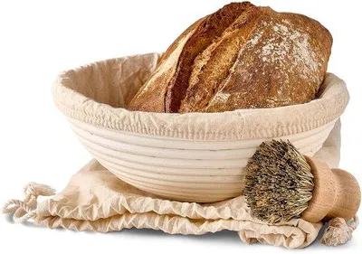 Zdjęcie produktu dla Koszyk do ciasta o średnicy 25 cm z szczotką i ściereczką, idealny do ciasta chlebowego