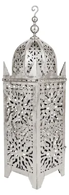 Image de Lanterne marocaine Frane argentée 105 cm, lanterne orientale en métal fabriquée à la main, lanterne de jardin et photophore pour bougies, décoration pour le salon, la terrasse, le balcon et l'entrée